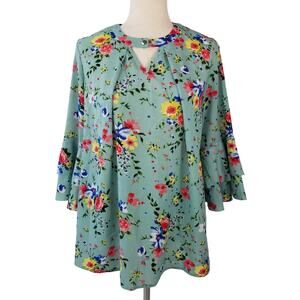Grace & Emma Teal Green Red Yellow Floral Bell Sleeve Pleated Blouse Size Small